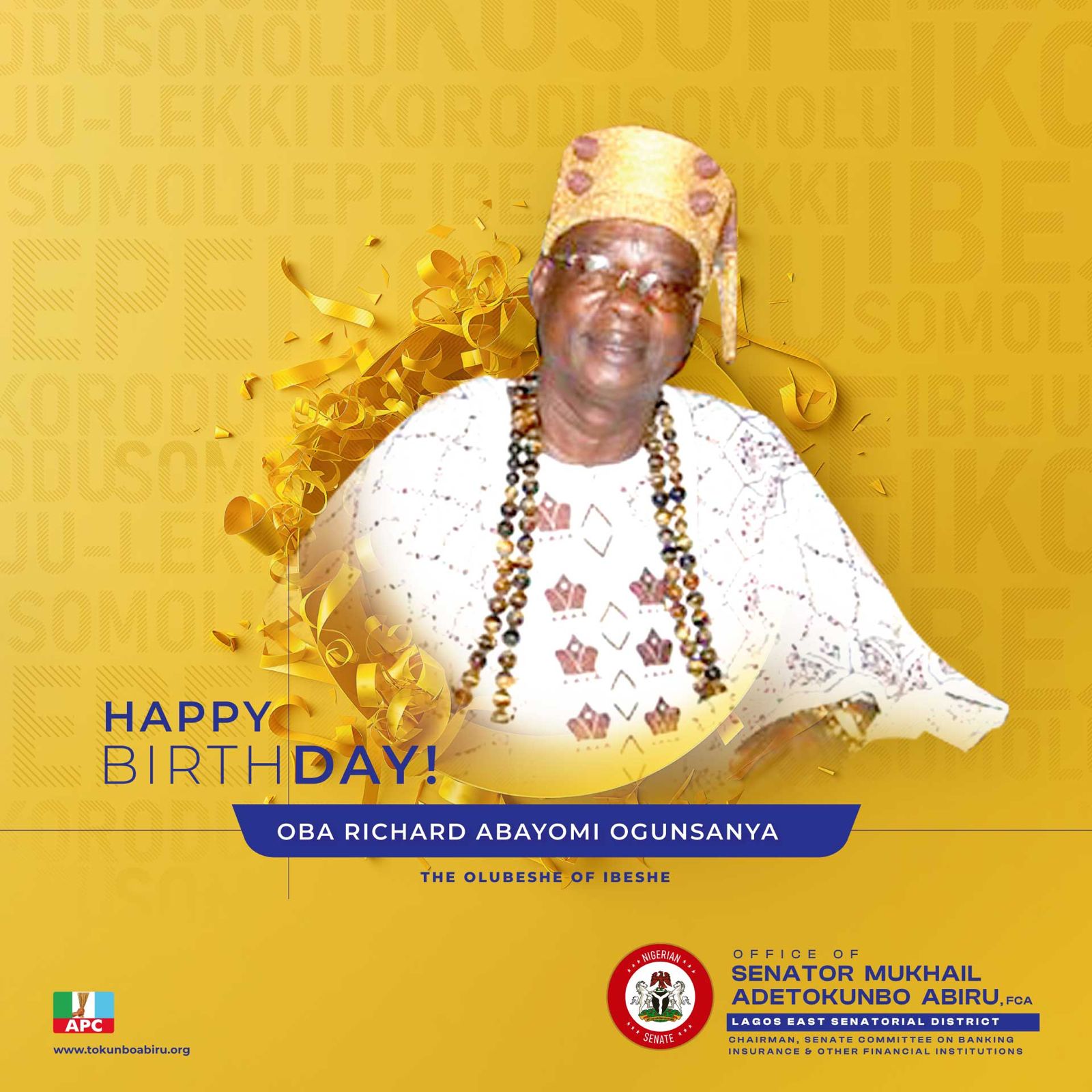 Lagos East Senator Celebrates Olubeshe, Oba Richard Abayomi Ogunsanya 